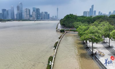 ​上游洪水+天文大潮，广州珠江边亲水平台被浸
